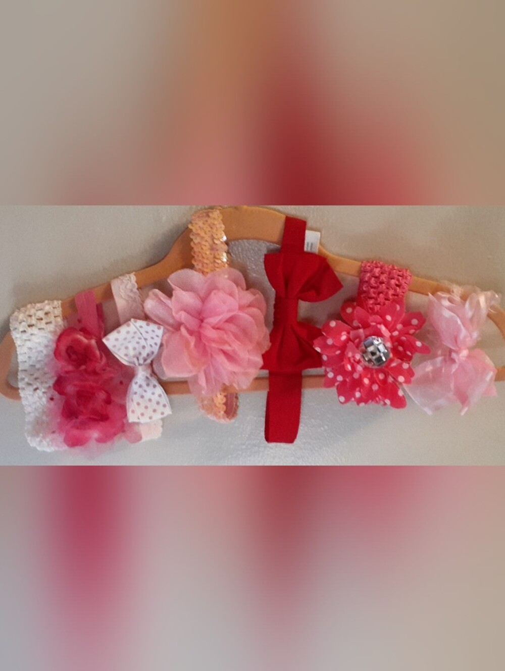 Girls Pink & Red Flower Bow Headband Set